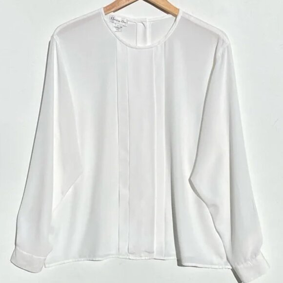 Dior Tops - DIOR Vintage White Pleat Front/Button Back Blouse Size 14 EUC